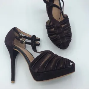Joie Purple Rexanne Strappy Leather Stiletto Heels Womens 40 Suede Peep Toe