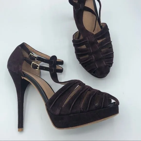 Joie Purple Rexanne Strappy Leather Stiletto Heels Womens 40 Suede Peep Toe
