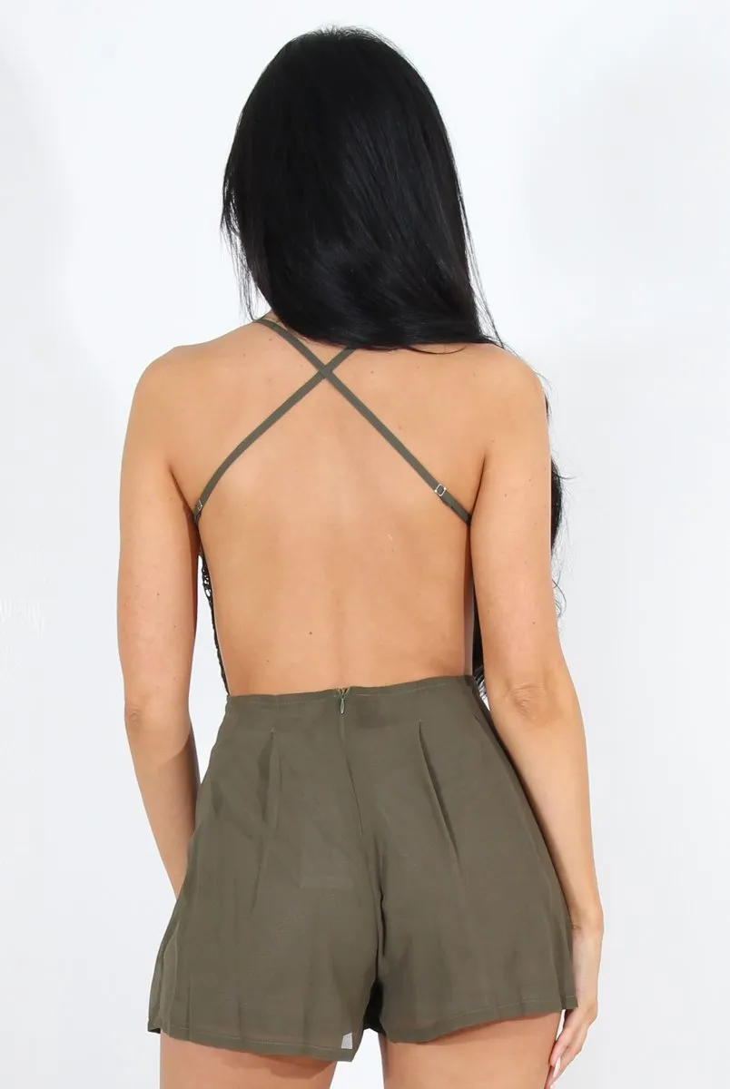 Kendra Khaki Lace V Front Playsuit