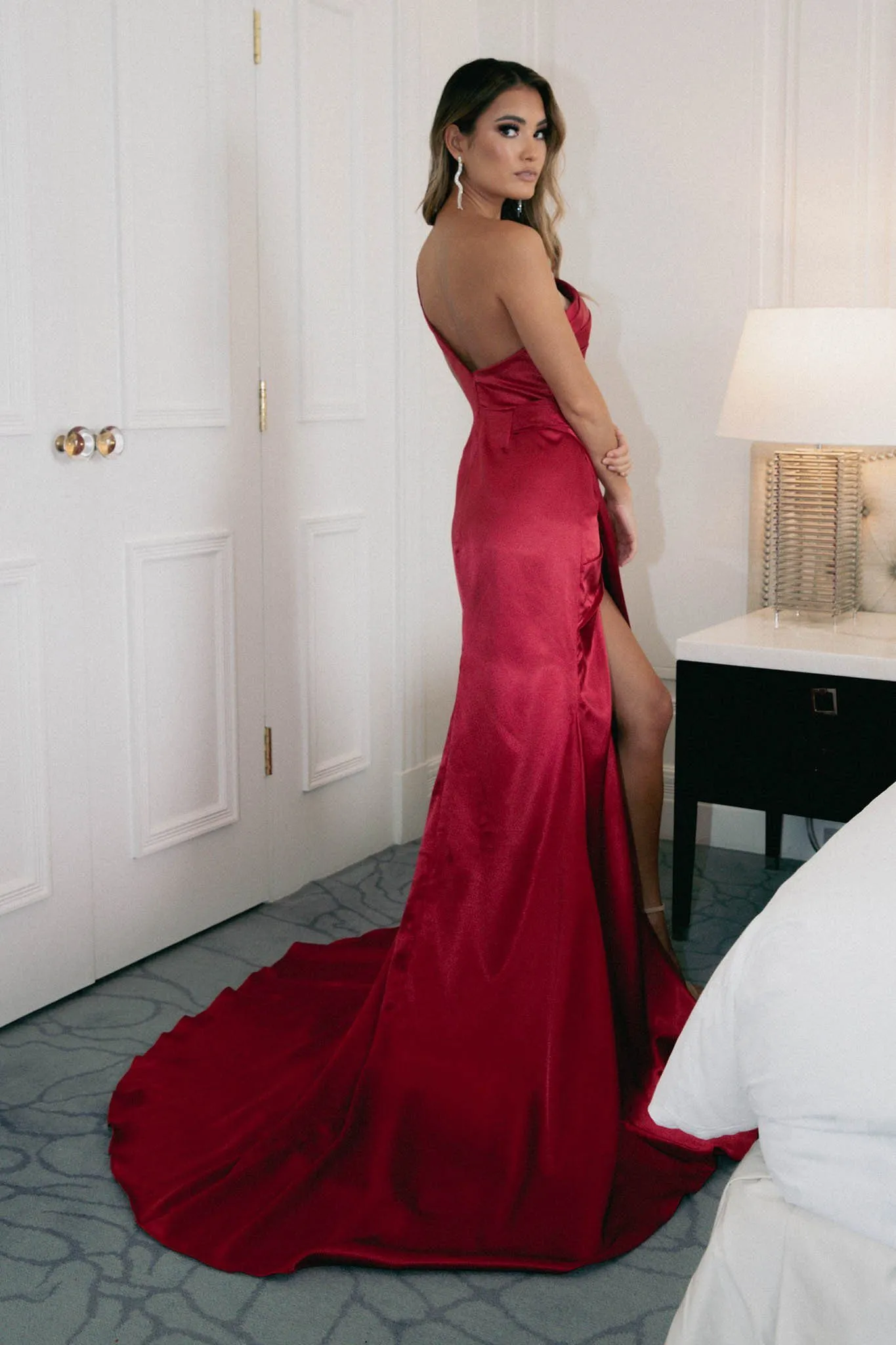 Kendra One Shoulder Satin Gown - Deep Red