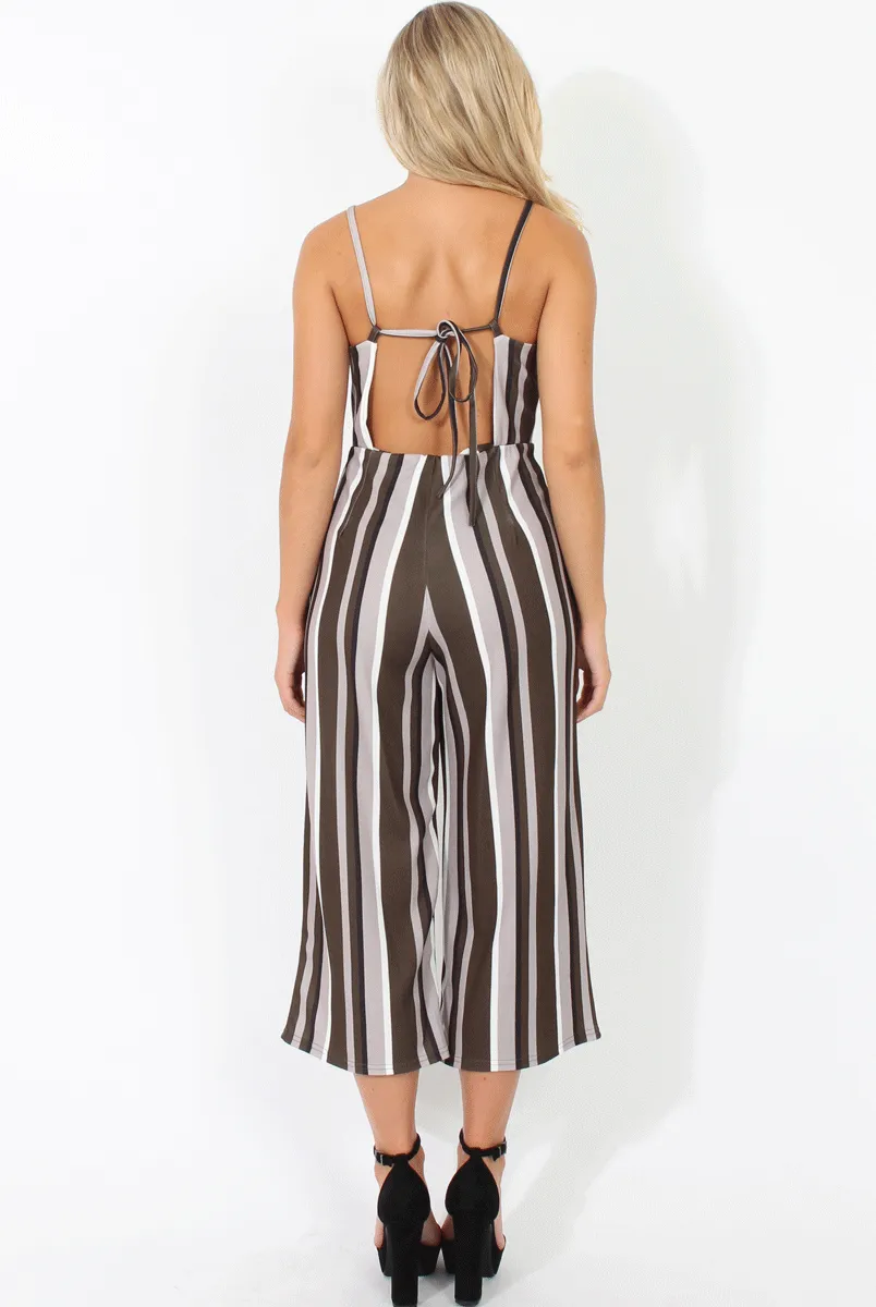 Khaki Striped Culotte Jumpsuit - Beatrix