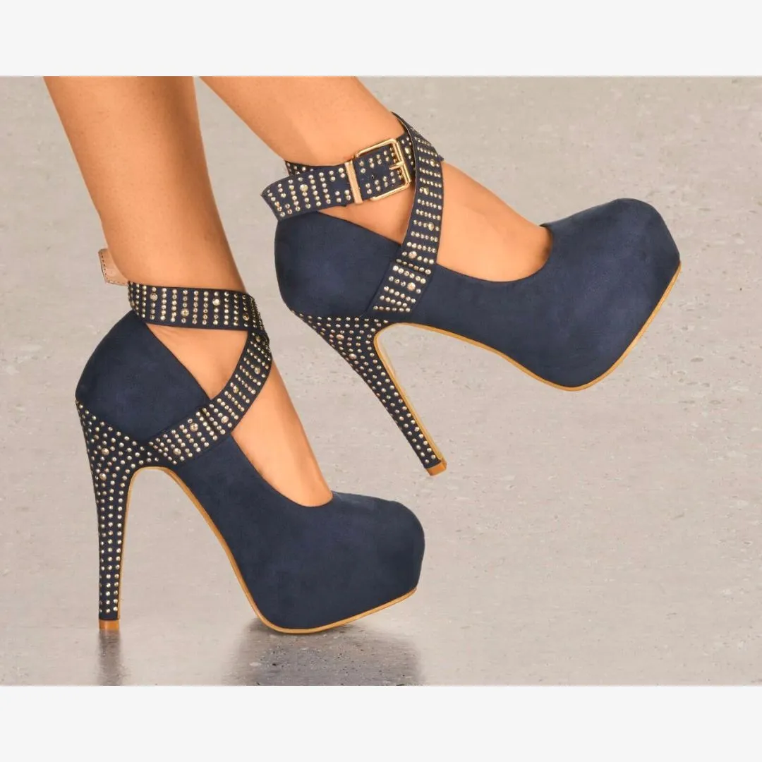 LADIES SUEDE PLATFORM HIGH HEELS DIAMANTE STUD ANKLE STRAP STRAPPY PARTY SHOES