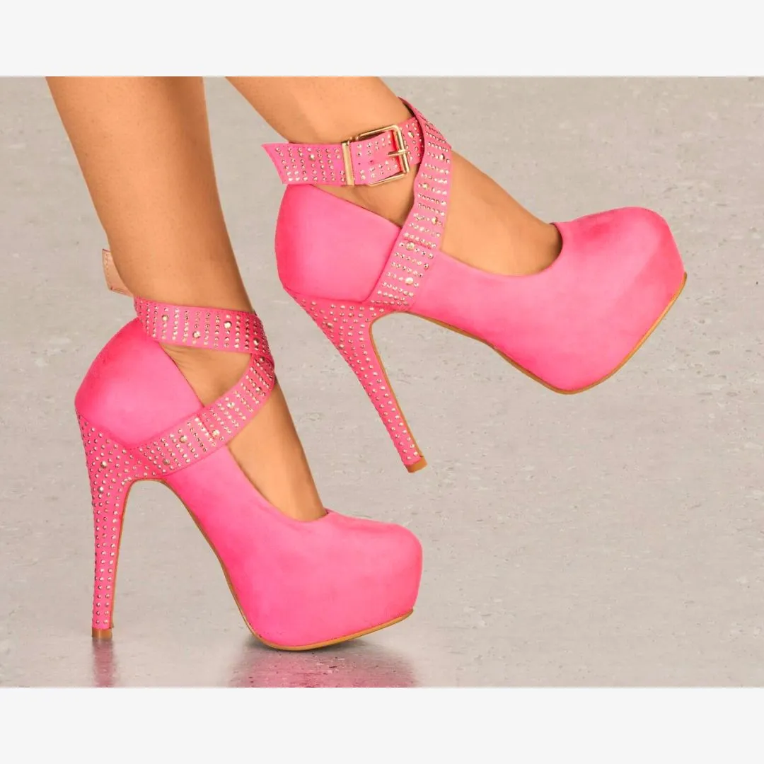 LADIES SUEDE PLATFORM HIGH HEELS DIAMANTE STUD ANKLE STRAP STRAPPY PARTY SHOES