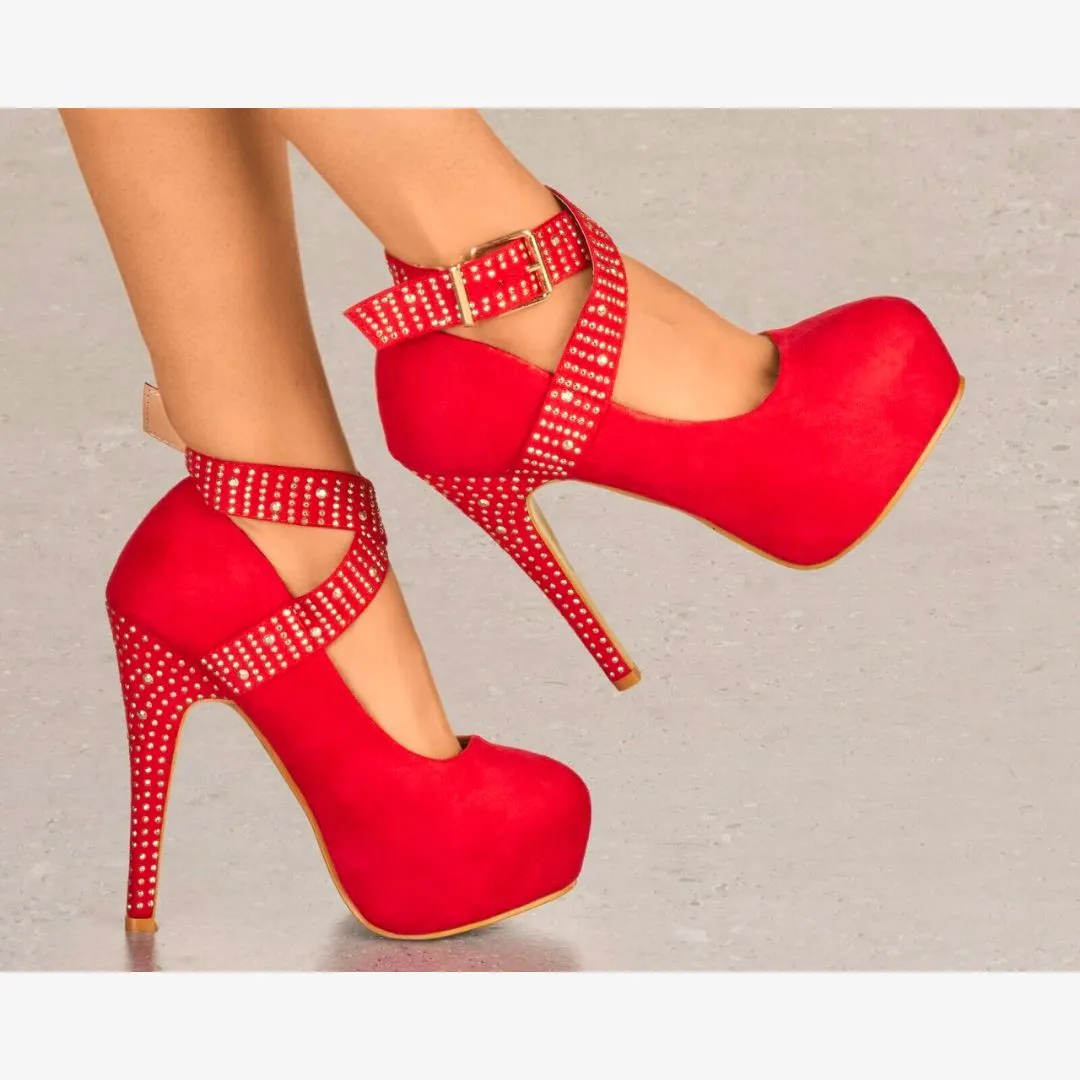 LADIES SUEDE PLATFORM HIGH HEELS DIAMANTE STUD ANKLE STRAP STRAPPY PARTY SHOES