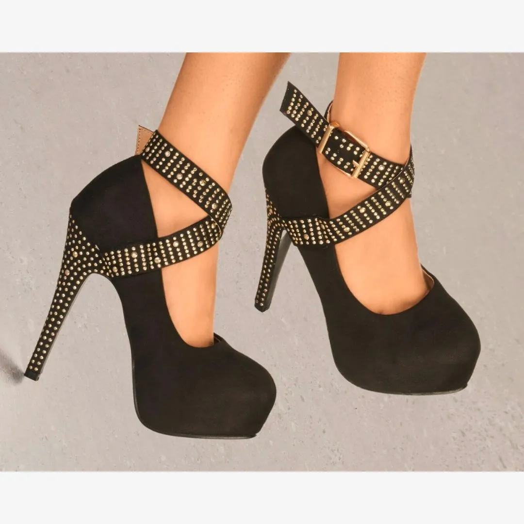 LADIES SUEDE PLATFORM HIGH HEELS DIAMANTE STUD ANKLE STRAP STRAPPY PARTY SHOES