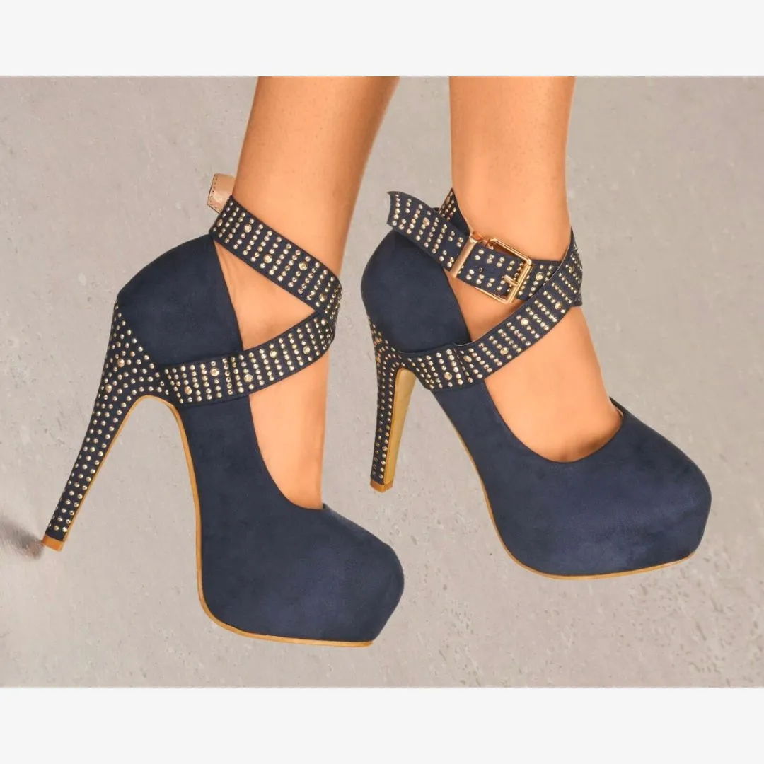 LADIES SUEDE PLATFORM HIGH HEELS DIAMANTE STUD ANKLE STRAP STRAPPY PARTY SHOES
