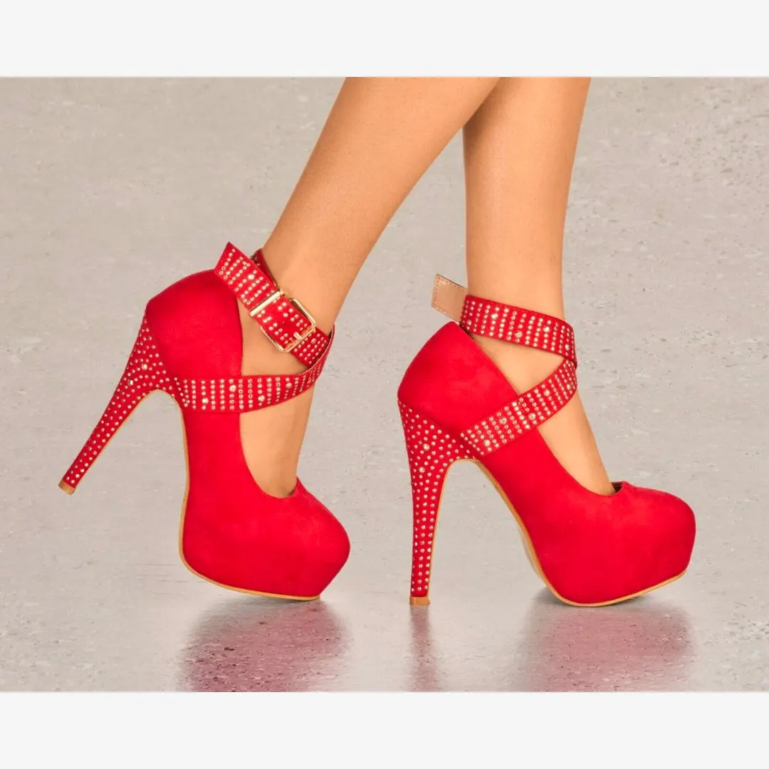 LADIES SUEDE PLATFORM HIGH HEELS DIAMANTE STUD ANKLE STRAP STRAPPY PARTY SHOES
