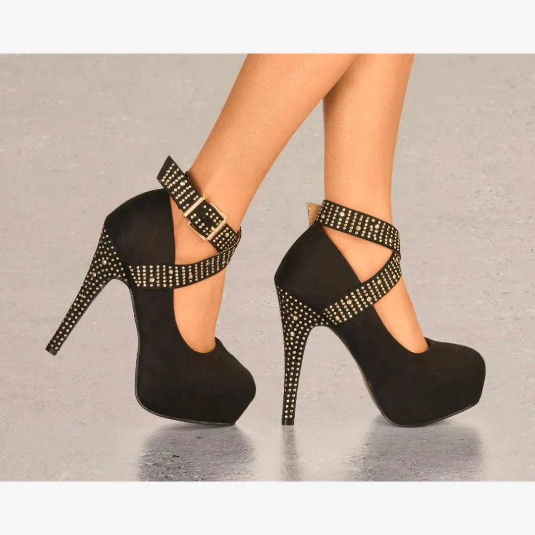 LADIES SUEDE PLATFORM HIGH HEELS DIAMANTE STUD ANKLE STRAP STRAPPY PARTY SHOES