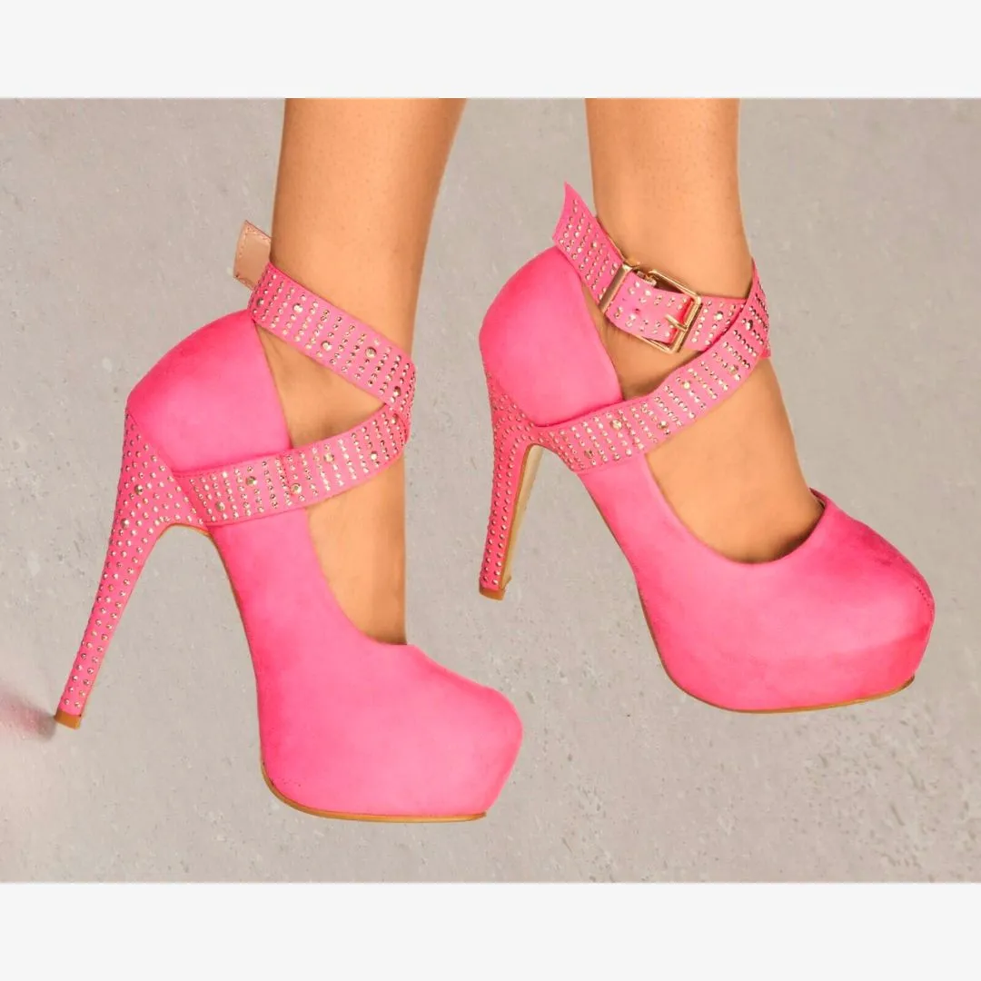 LADIES SUEDE PLATFORM HIGH HEELS DIAMANTE STUD ANKLE STRAP STRAPPY PARTY SHOES