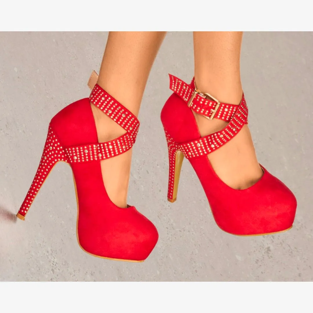 LADIES SUEDE PLATFORM HIGH HEELS DIAMANTE STUD ANKLE STRAP STRAPPY PARTY SHOES