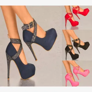 LADIES SUEDE PLATFORM HIGH HEELS DIAMANTE STUD ANKLE STRAP STRAPPY PARTY SHOES