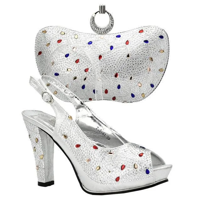 Latest Sliver Color Italian Ladies Shoes and Bags Matching Set