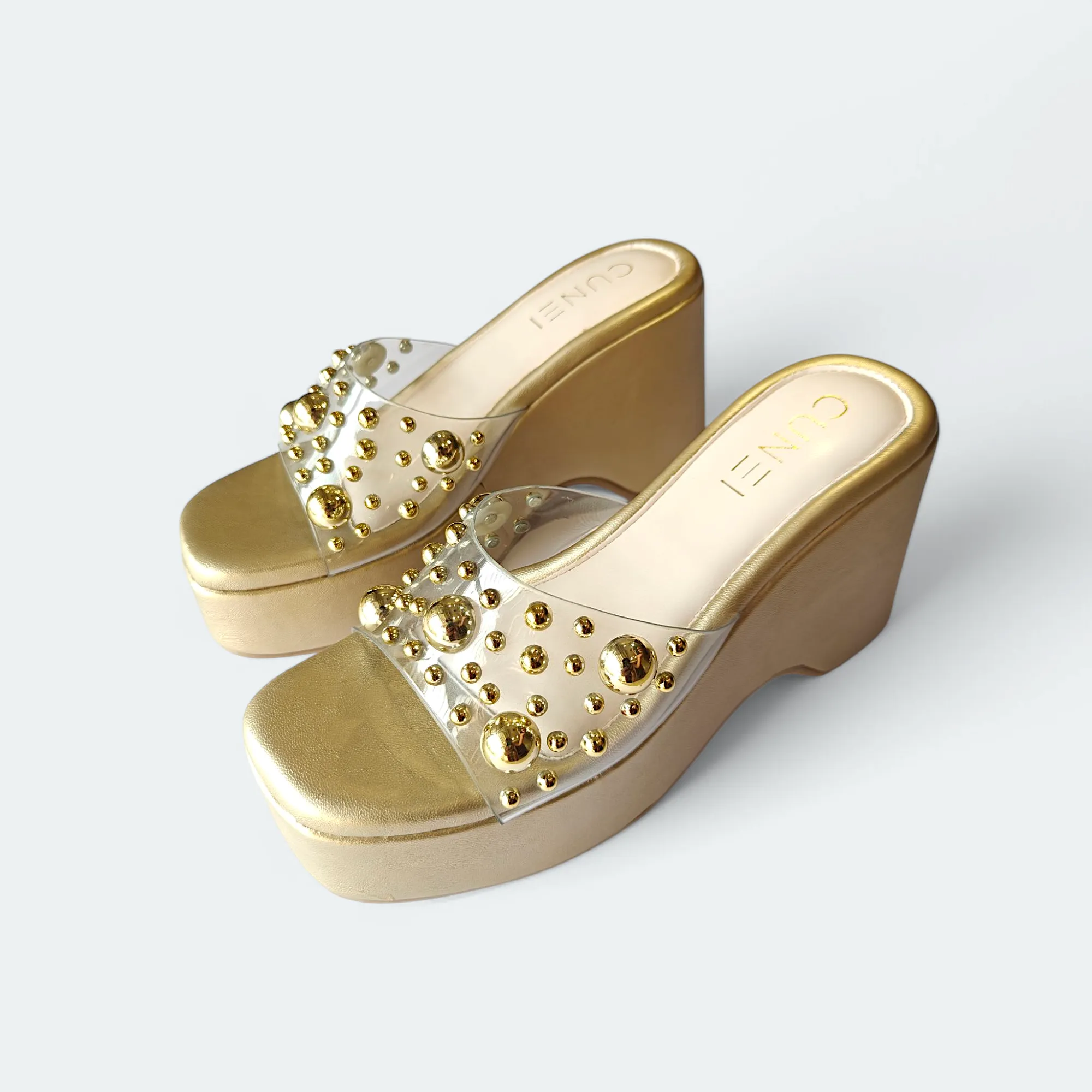Luxurious Gold Studded Transparent Strap Wedges – Women’s Fashion
