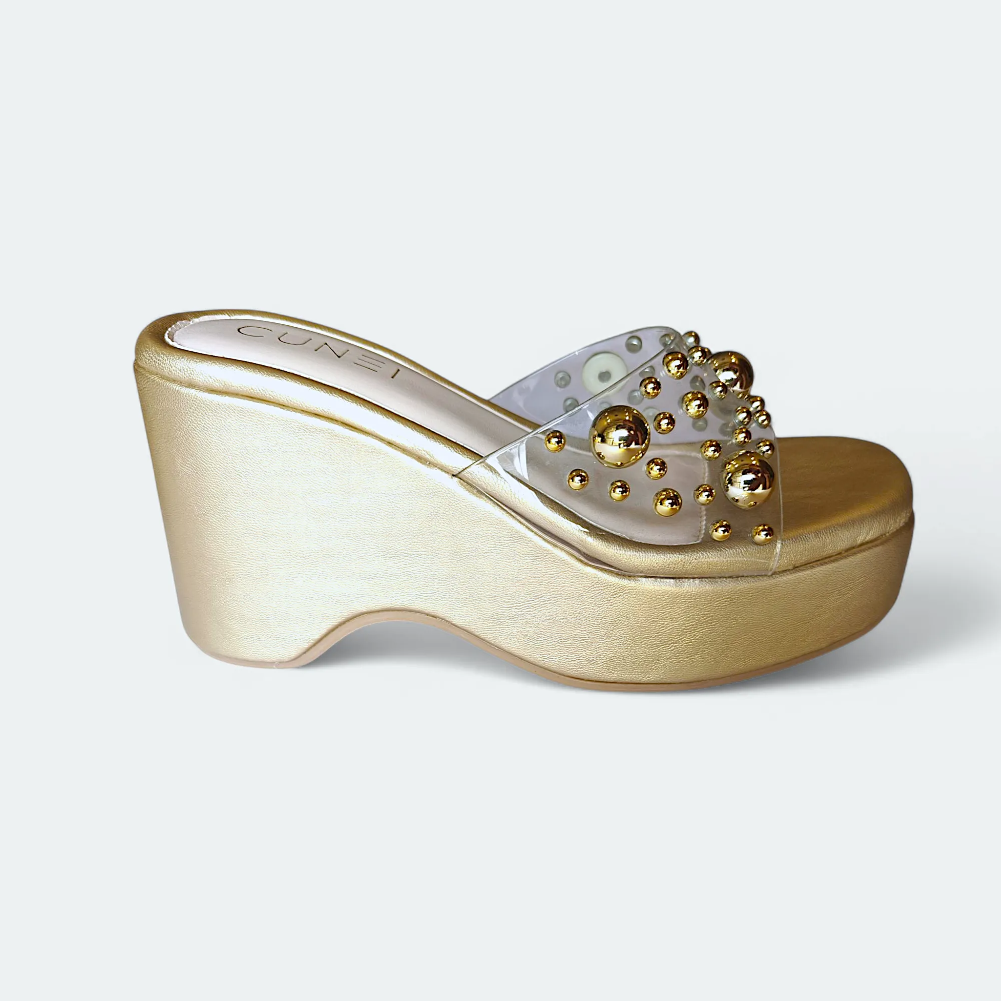 Luxurious Gold Studded Transparent Strap Wedges – Women’s Fashion