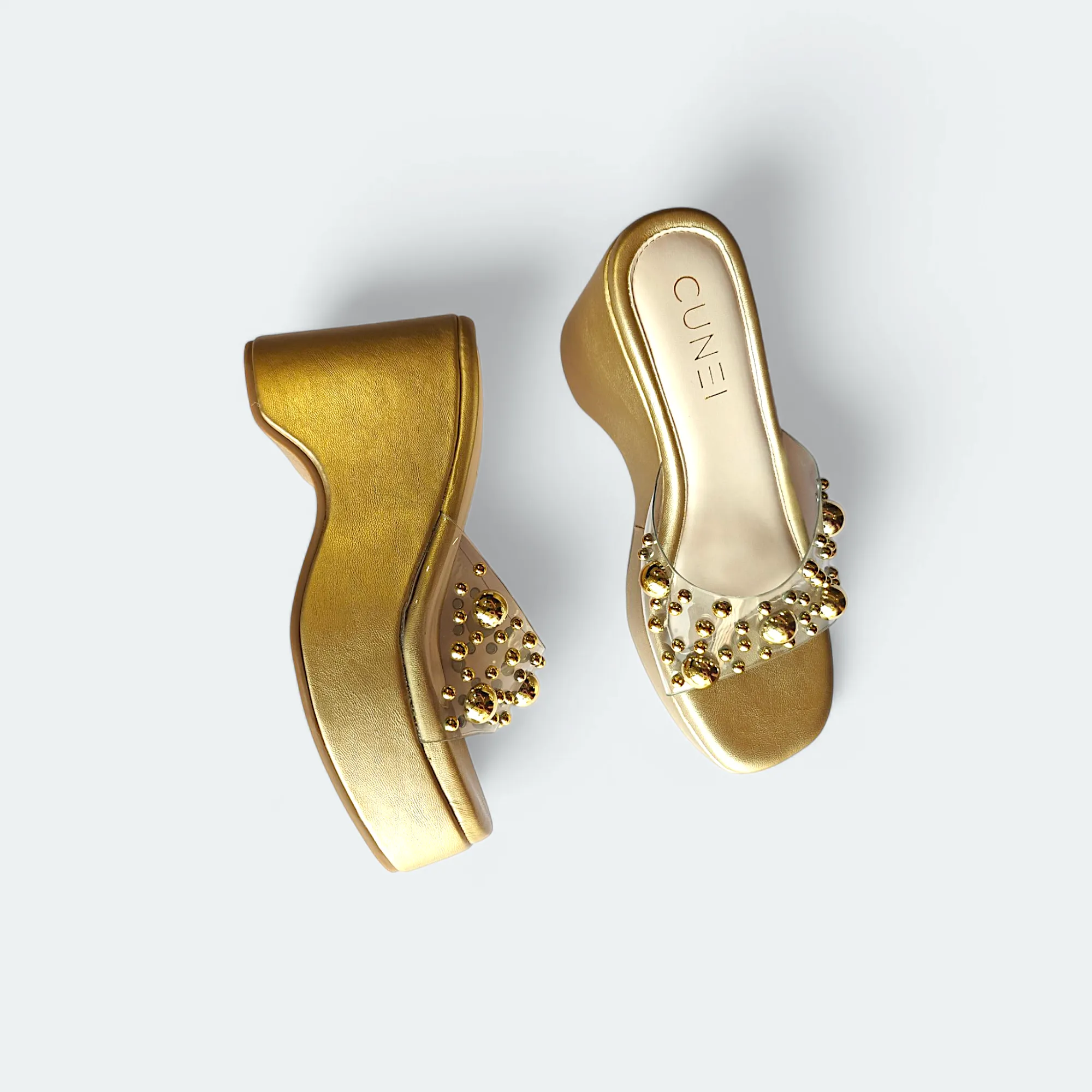 Luxurious Gold Studded Transparent Strap Wedges – Women’s Fashion