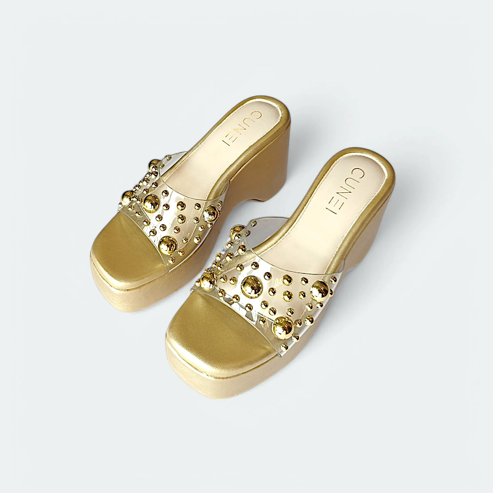 Luxurious Gold Studded Transparent Strap Wedges – Women’s Fashion