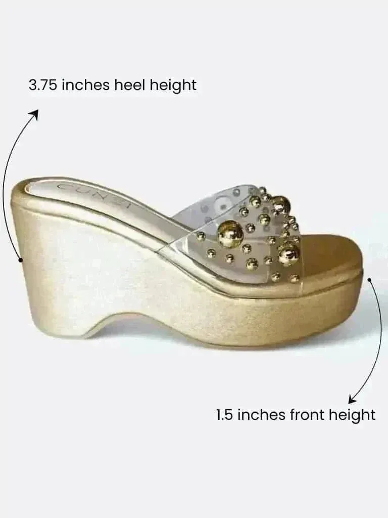 Luxurious Gold Studded Transparent Strap Wedges – Women’s Fashion