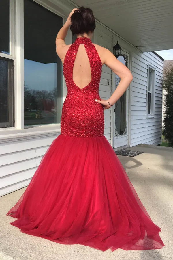 Luxurious High Neck Open Back Floor-Length Red Mermaid Prom Dress with Sequins Pearls LPD058