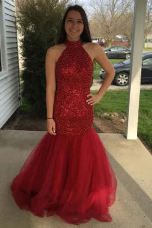 Luxurious High Neck Open Back Floor-Length Red Mermaid Prom Dress with Sequins Pearls LPD058