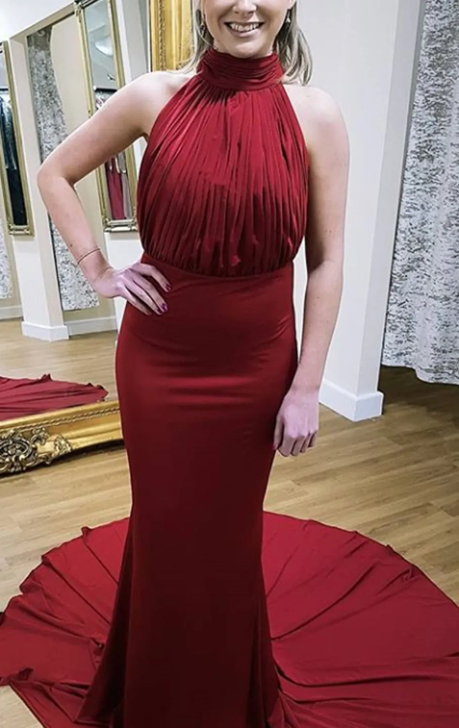 MACloth Mermaid High Neck Jersey Long Prom Dress Red Formal Evening Gown