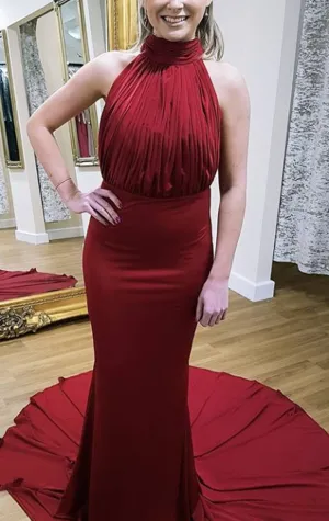 MACloth Mermaid High Neck Jersey Long Prom Dress Red Formal Evening Gown