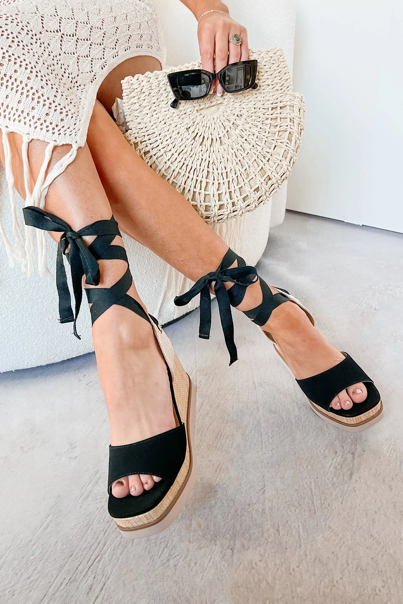 Makayla Ankle Tie Espadrille Wedge Sandals (Black)