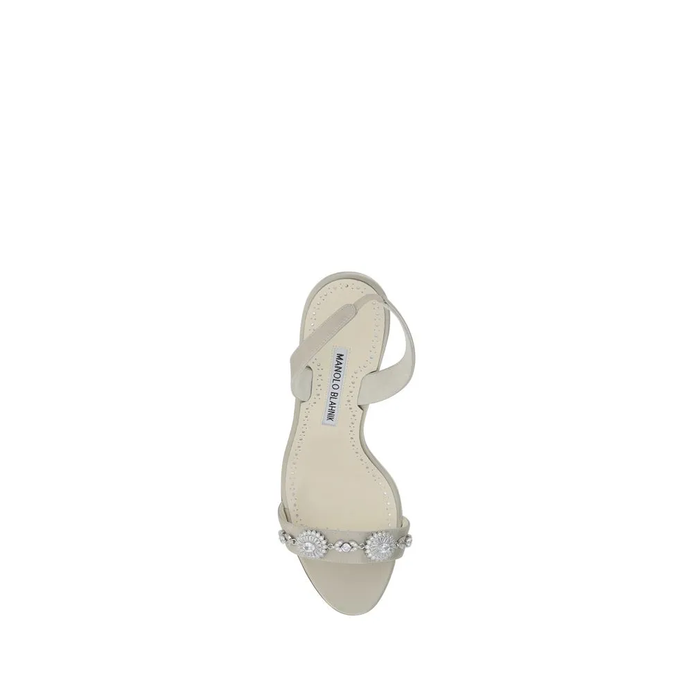 Manolo Blahnik Lamisan Women Ivory Sandals Silk Crystal Slingback Stiletto Shoes