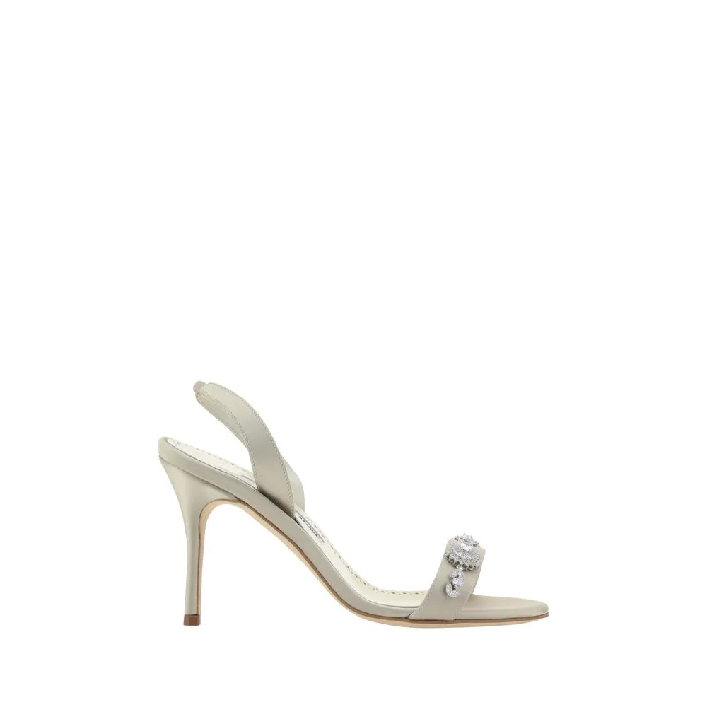Manolo Blahnik Lamisan Women Ivory Sandals Silk Crystal Slingback Stiletto Shoes