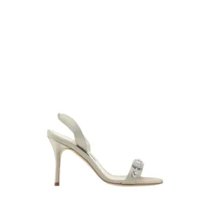 Manolo Blahnik Lamisan Women Ivory Sandals Silk Crystal Slingback Stiletto Shoes