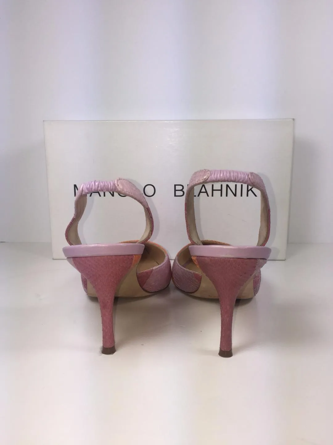 MANOLO BLAHNIK Tri-Color Pastel Snakeskin Slingback Heels with Box Size 37