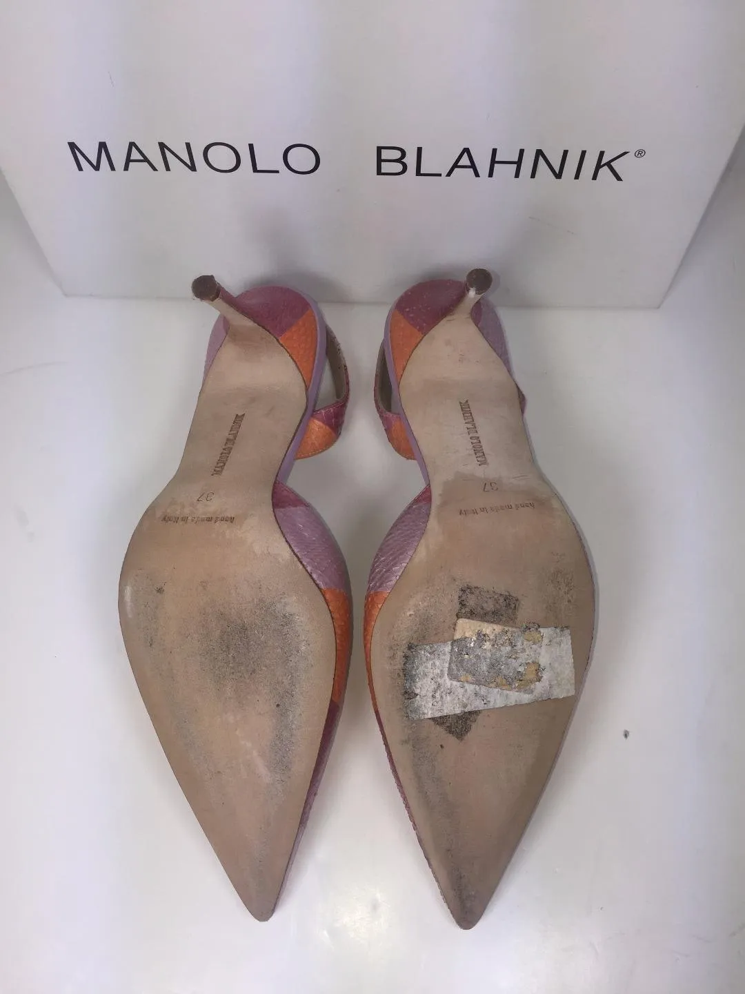 MANOLO BLAHNIK Tri-Color Pastel Snakeskin Slingback Heels with Box Size 37