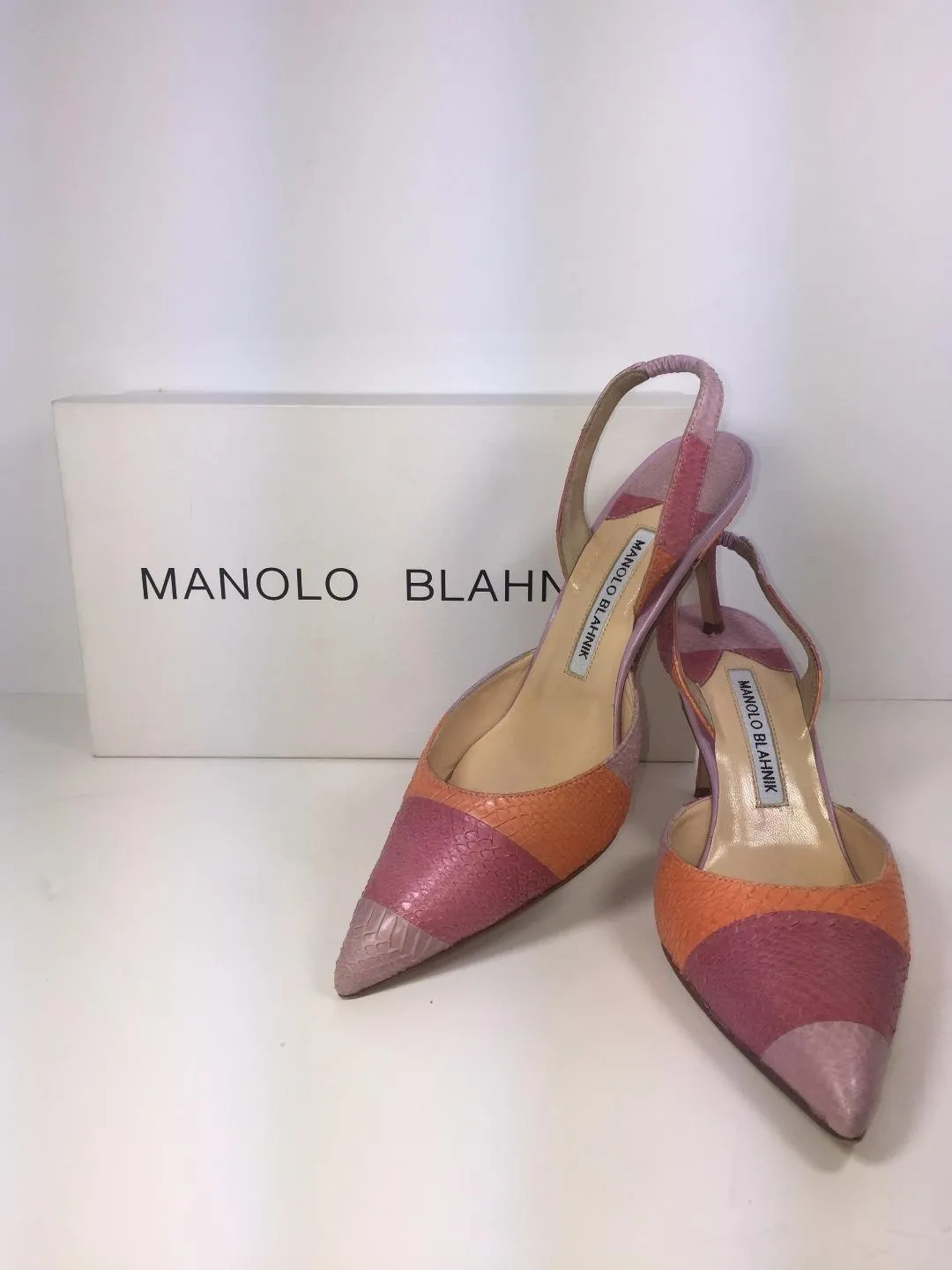 MANOLO BLAHNIK Tri-Color Pastel Snakeskin Slingback Heels with Box Size 37