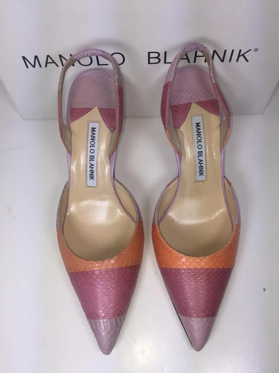 MANOLO BLAHNIK Tri-Color Pastel Snakeskin Slingback Heels with Box Size 37