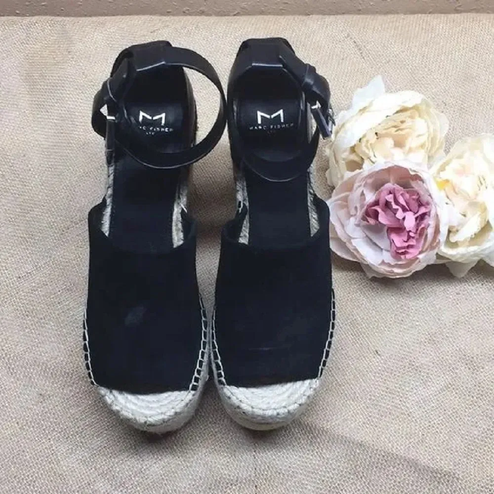 Marc Fisher Patform Espadrille Wedge-Black-9.5M