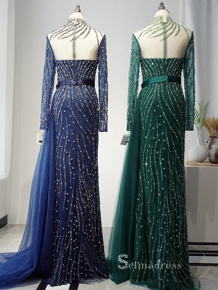 Mermaid High Neck Luxury Beaded Long Prom Dresses Dark Navy Evening Dresses ASB015