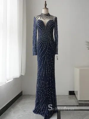 Mermaid High Neck Luxury Beaded Long Prom Dresses Dark Navy Evening Dresses ASB015