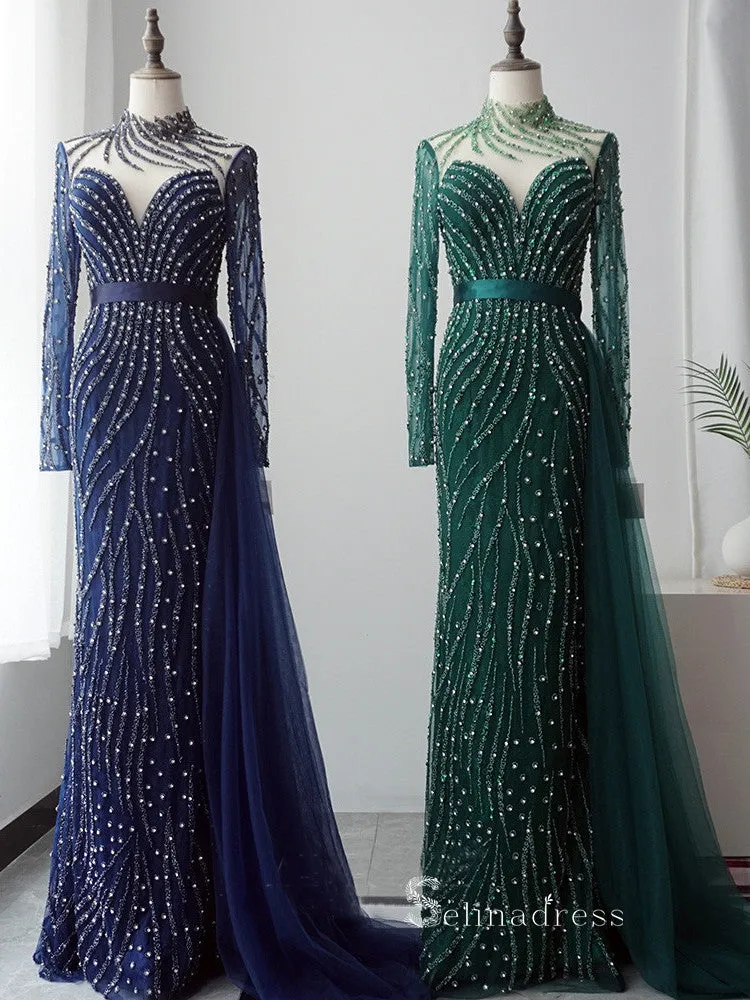 Mermaid High Neck Luxury Beaded Long Prom Dresses Dark Navy Evening Dresses ASB015