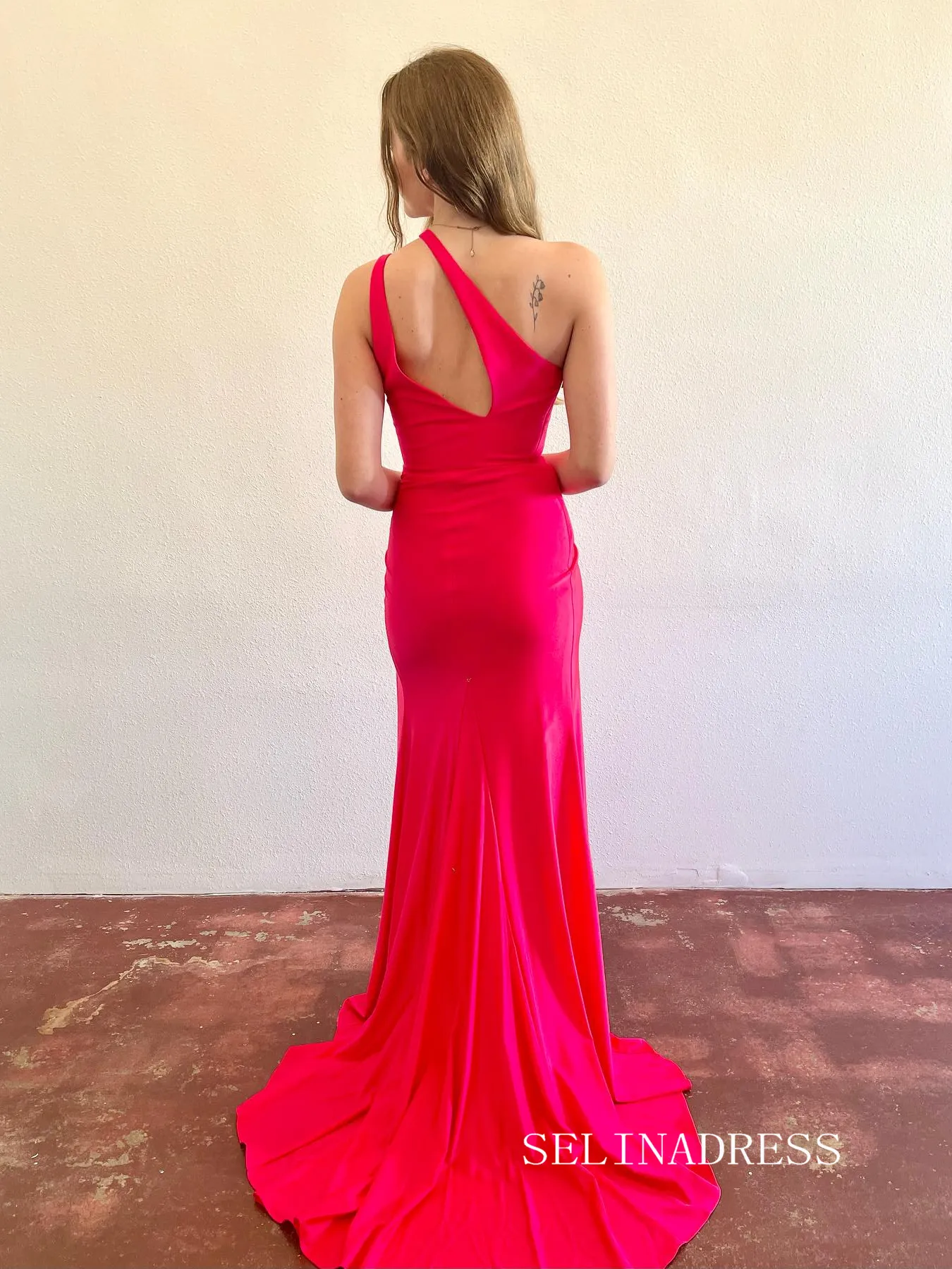 Mermaid Hot Pink One Shoulder Cheap Prom Dresses With Silt lpk500