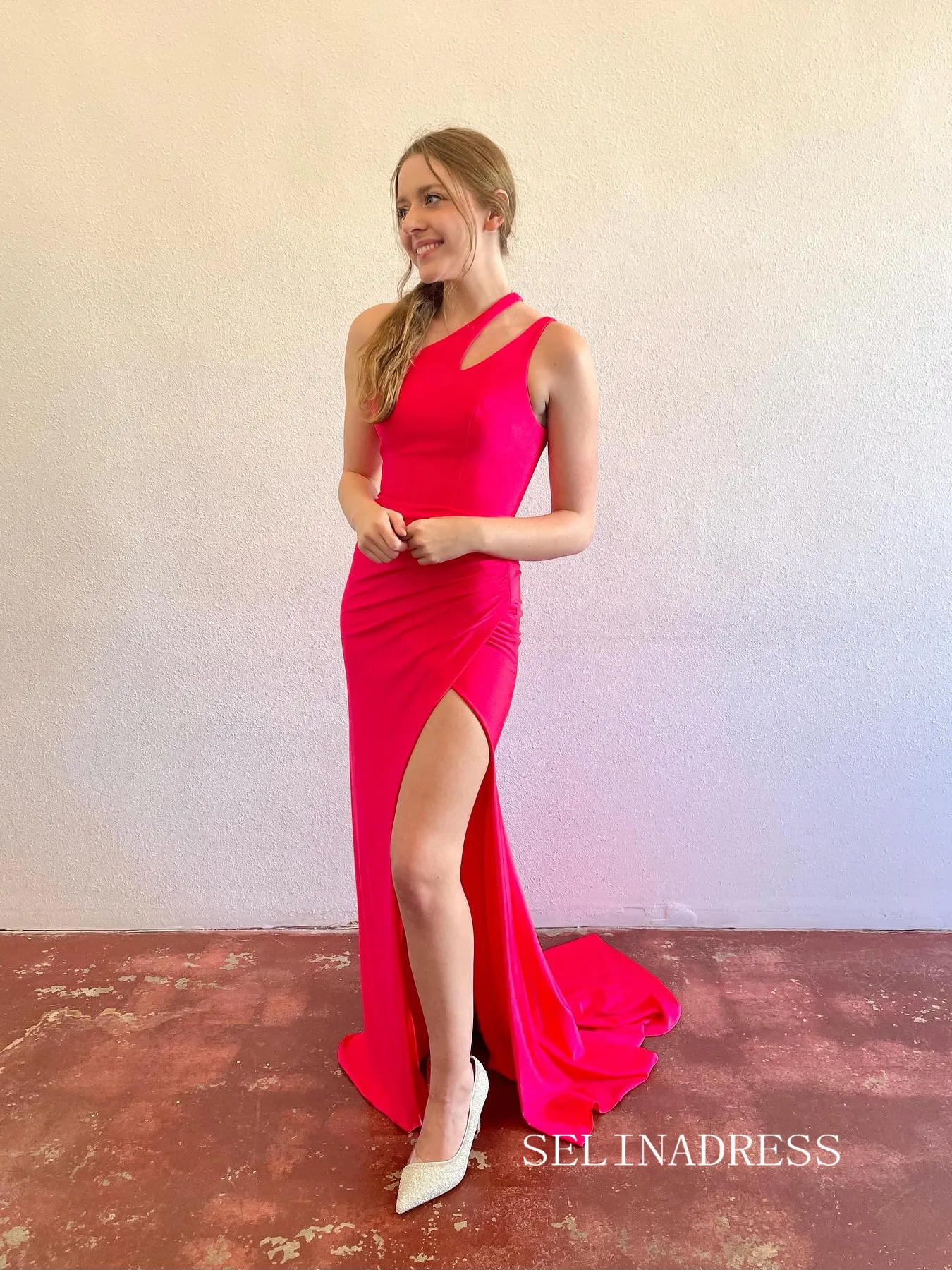 Mermaid Hot Pink One Shoulder Cheap Prom Dresses With Silt lpk500