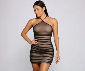 Mesmerize In Mesh Charming Halter Mini Dress