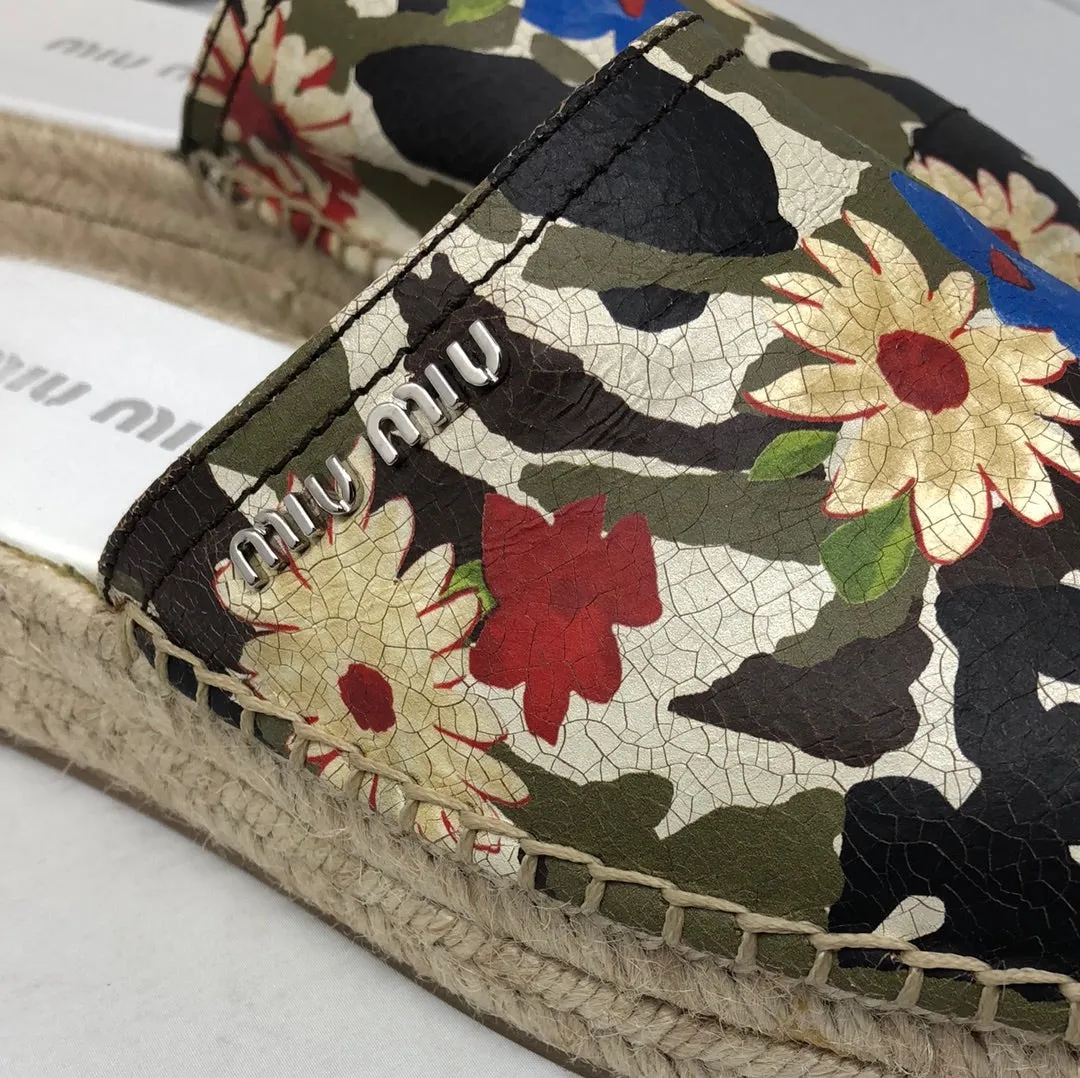 Miu Miu Floral leather backless platform Espadrille