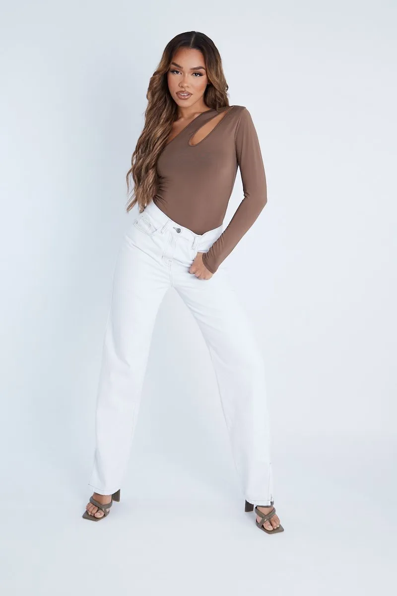 Mocha Slinky Cut Out One Sleeve Bodysuit - Debby