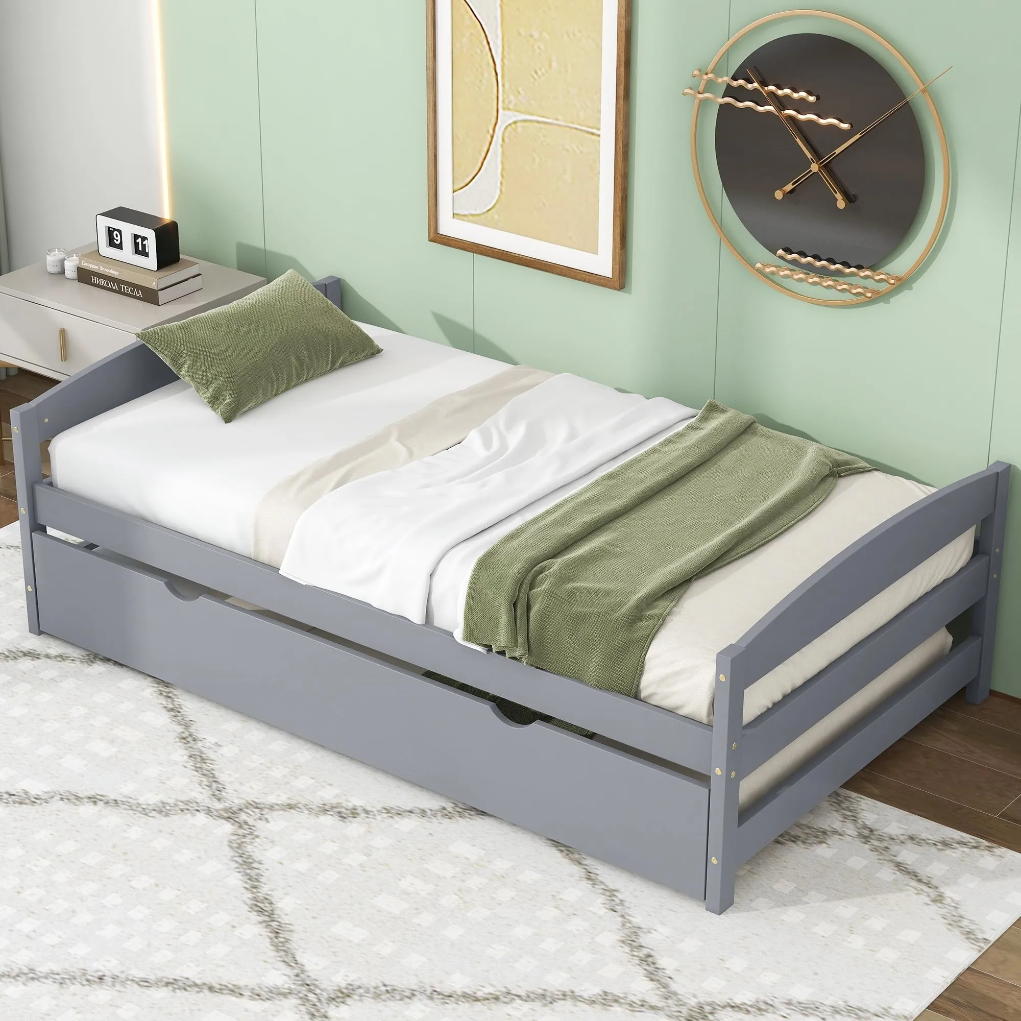 Modern Simple Twin Size Platform Bed with Trundle Wood Frame for