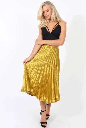 Mustard Metallic Pleated Midi Skirt - Vera