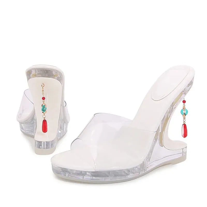 New Design Gem Pendant Strange Clear Heels Platform Wedge Slippers PVC Transparent Sandals