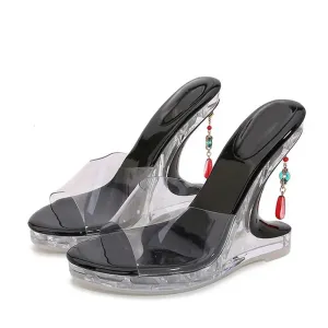 New Design Gem Pendant Strange Clear Heels Platform Wedge Slippers PVC Transparent Sandals