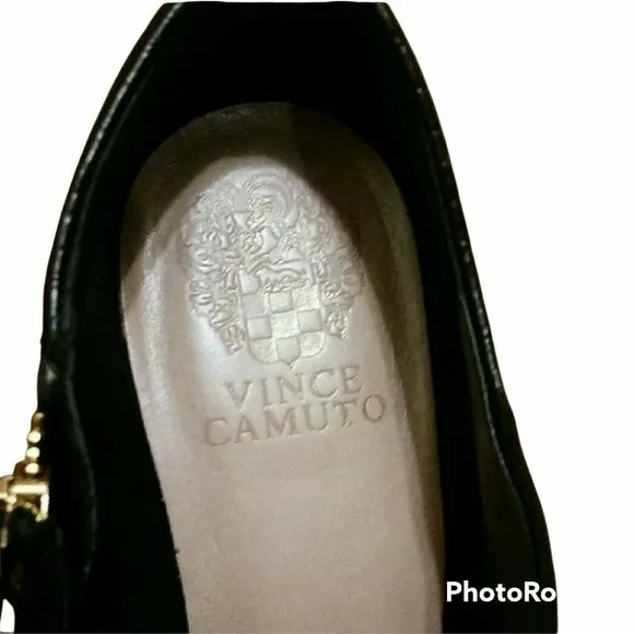 New Sz 8.5  Vince Camuto Elvin Suede Black Leather Stiletto Heel Gold Zip Bootie