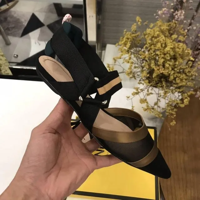 Nude Flat Shoes Women Brand Design Sandals Med Heels 5 cm Mesh Woman Cozy Pumps Lady Pointed Toe Slingbacks