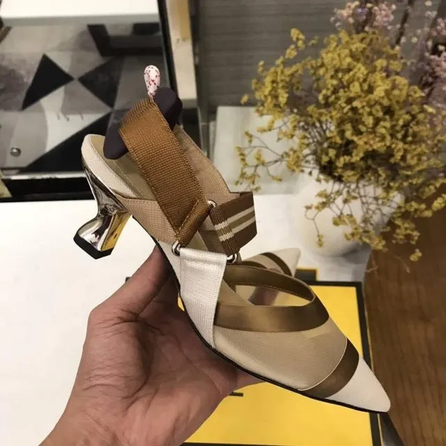 Nude Flat Shoes Women Brand Design Sandals Med Heels 5 cm Mesh Woman Cozy Pumps Lady Pointed Toe Slingbacks
