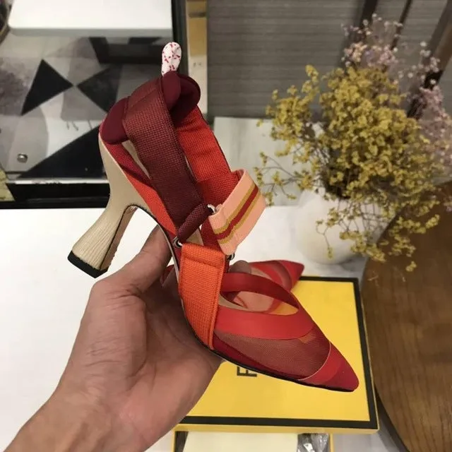 Nude Flat Shoes Women Brand Design Sandals Med Heels 5 cm Mesh Woman Cozy Pumps Lady Pointed Toe Slingbacks